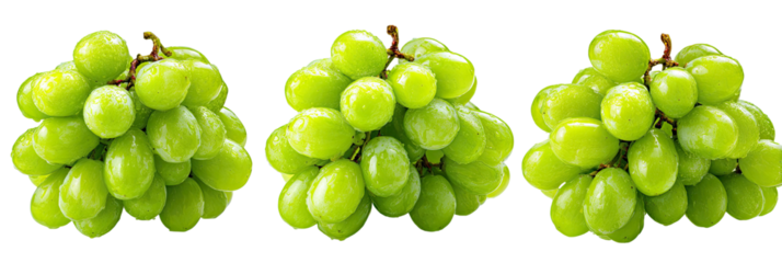 Three clusters of green grapes sit in a row. They are round, glossy, and appear ripe