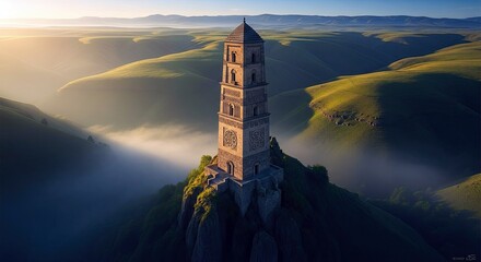A tall stone tower stands on a hill overlooking a valley filled with fog. The scene is bathed in the warm light of sunrise.