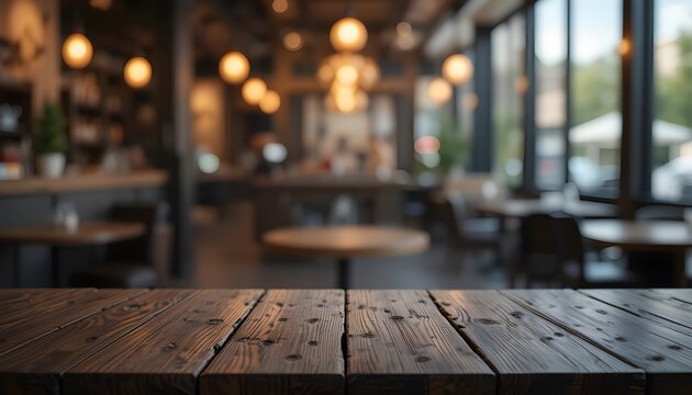 Empty Dark Wooden Table with Blurred Restaurant Bokeh Background – Perfect Product Display Mockup with Free Space