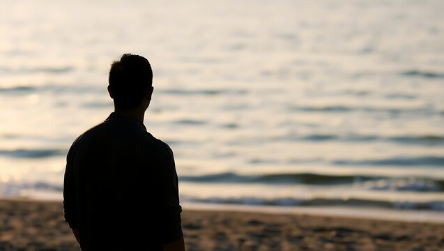 Generative AI image depicts a lone silhouette watching the tranquil ocean waves during a serene