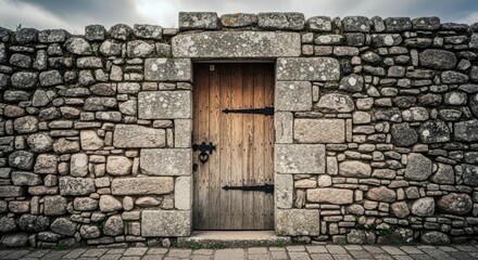 A stone wall with a wooden door set in an exterior environment. The door is closed, and the scene is lit with natural light.