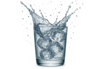 Glass of water with ice cubes splashing, refreshing liquid drink for hydration, transparent background element