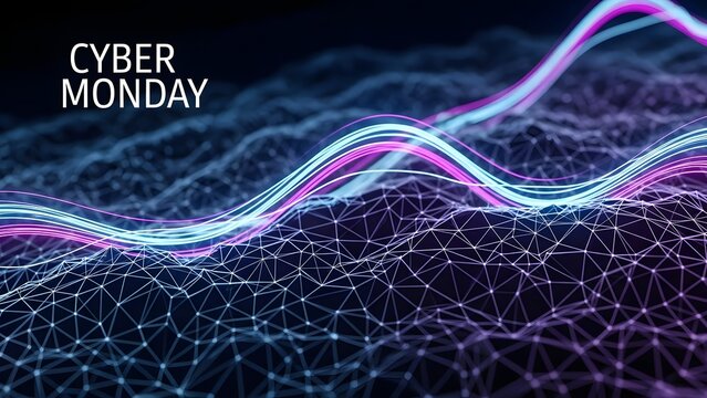 Abstract digital visualization of Cyber Monday with glowing lines representing data flow over a network grid. - Powered by Adobe