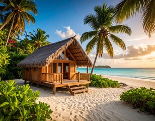 Tropical beach scene with wooden hut, palm trees, and turquoise sea