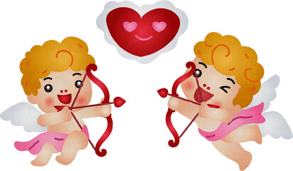 Cartoon Cupids with Bows and Heart Watercolor Hand Drawn Style