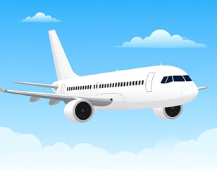 A cartoon airplane flying through a bright blue sky with fluffy white clouds