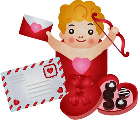 Illustration of Cupid with Letter and Chocolates Watercolor Hand Drawn Style