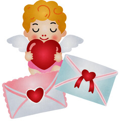 Cupid Holding Heart with Love Letter Illustration Watercolor Hand Drawn Style