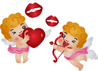 Cupids with Heart and Lips Illustration Watercolor Hand Drawn Style