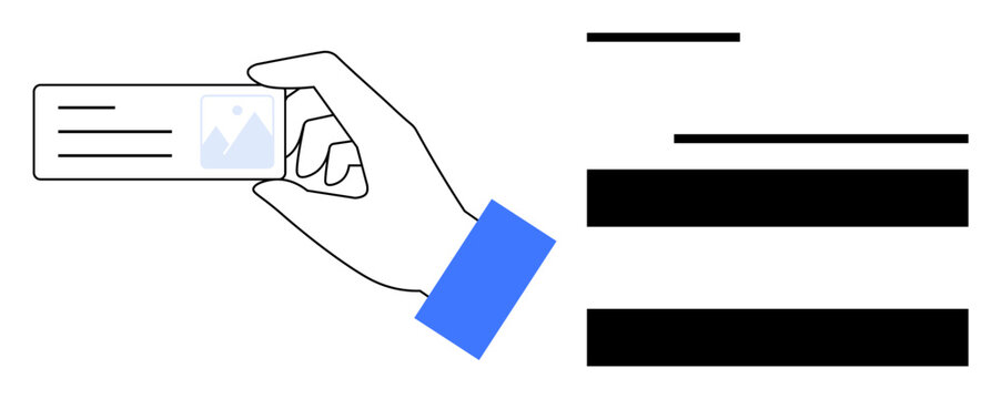 Hand holding detailed business card with profile picture and text sections. Ideal for networking, identification, branding, contact sharing, professional connections, personal identity, simple flat - Powered by Adobe