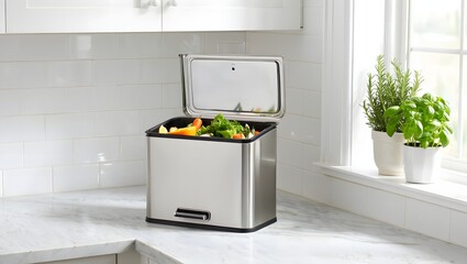 Modern stainless steel kitchen trash can with open lid