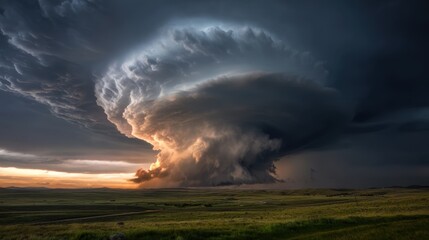 A large cloud of stormy weather is looming over a field. The sky is dark and ominous, and the clouds are thick and heavy. Scene is tense and foreboding, as if a storm is about to break