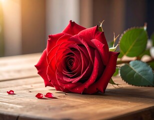 A captivating red rose resting gracefully on a rustic wooden surface, conveying romance