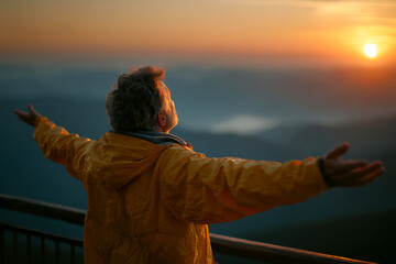 Person stretches arms wide on balcony while watching beautiful sunrise Generative AI
