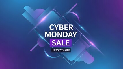 Cyber Monday sale banner with glowing neon shapes on a blue and purple gradient background.