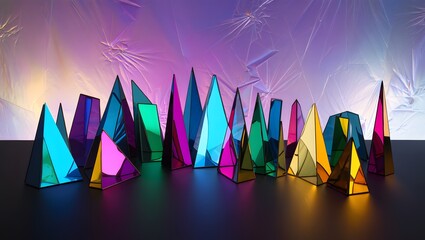Colorful crystal pyramids stand in a row against a purple and blue background