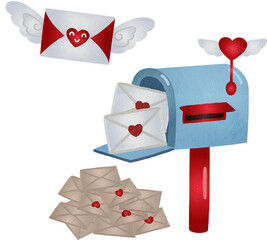 Valentine's Day Mailbox with Letters Illustration Watercolor Hand Drawn Style