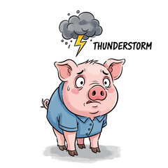 Worried pig in a blue shirt under a thunderstorm cloud with lightning.
