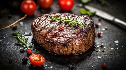 prime. A prime fillet steak, perfectly grilled with visible sear marks and a rich, caramelized surface. menu design, packaging mockups, designed for culinary blogs and recipe cards for restaurants.