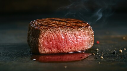 prime. A prime fillet steak, perfectly grilled with visible sear marks and a rich, caramelized surface. menu design, packaging mockups, designed for culinary blogs and recipe cards for restaurants.