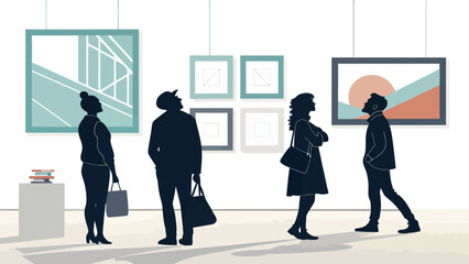 Silhouetted art enthusiasts admire modern paintings in an elegant gallery, experiencing culture and finding inspiration in a stylish artistic environment