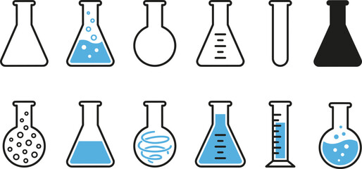 Chemistry Laboratory Equipment Icon Set Science Flask, Test Tube, Beaker, Measuring Cylinder, Experiments, Research, and Chemical Outline Vector Collection