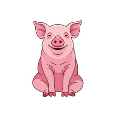 Happy Pink Pig Sitting Down Smiling Cartoon Illustration.