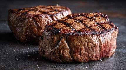 prime. A prime fillet steak, perfectly grilled with visible sear marks and a rich, caramelized surface. menu design, packaging mockups, designed for culinary blogs and recipe cards for restaurants.