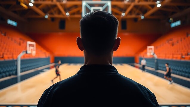 Generative AI of a spectator watching a vibrant basketball game in a large modern indoor stadium. - Powered by Adobe