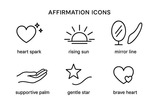 Minimalist affirmation icons collection: love, growth, reflection, support, star, bravery