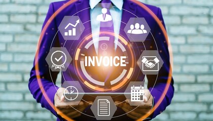 Payment and Billing Invoices Business Financial Operations concept. Man using tablet computer with invoice location icon on a virtual screen ,business, service, office