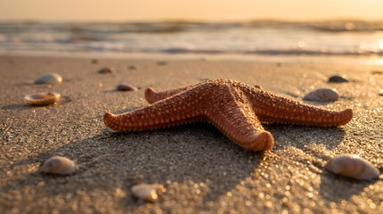 Close-up of a starfish on a sandy beach at sunset with gentle waves in the background