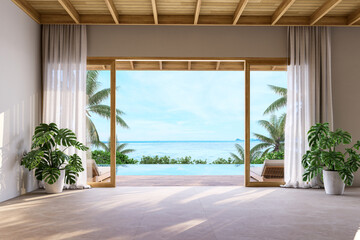 3D render of a luxurious tropical indoor-outdoor space with ocean view, monstera plants, sheer curtains, and infinity pool, blending natural elegance with modern serenity
