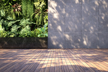 Modern loft style wooden deck with concrete panel wall and lush tropical vegetation 3D render, blending industrial design with natural tranquility.
