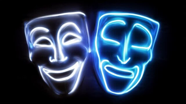 for banner Neon theater masks displaying joy and sadness on a black background. One mask illuminated by blue light and the other with white light.