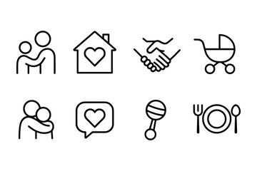 Family and love icons in simple black line art emphasizing community and connection
