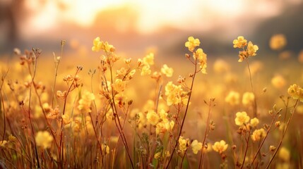 Naklejka premium A field of yellow flowers with the sun shining on them. The flowers are in full bloom and the sun is setting in the background. The scene is peaceful and serene