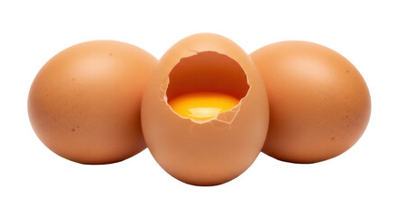 Three brown eggs, one cracked open with yolk isolated PNG on transparent background, fresh organic food for cooking and baking