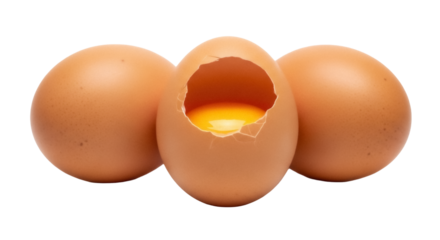 Three brown eggs, one cracked open with yolk isolated PNG on transparent background, fresh organic food for cooking and baking