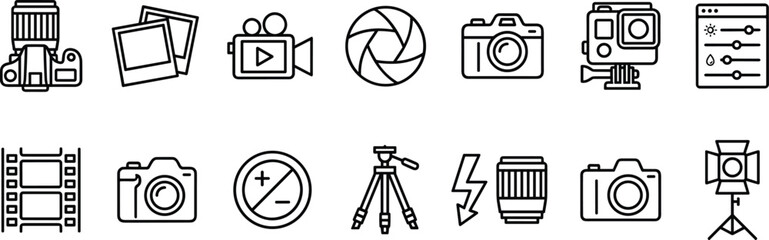 Photography and Videography Icon Set Digital Camera, Lens, Shutter, Film Strip, Tripod, Action Cam, Video Production, and Photo Studio Outline Vector Collection