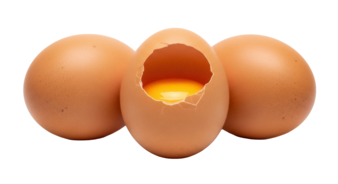 Three brown eggs, one cracked open with yolk isolated PNG on transparent background, fresh organic food for cooking and baking