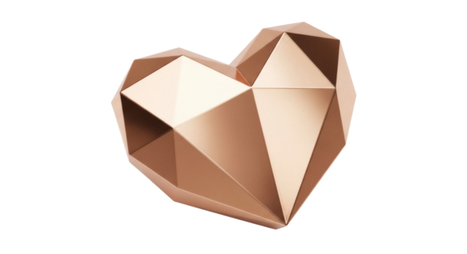Geometric heart shape isolated PNG, faceted rose gold love symbol on transparent background for Valentine s Day and romantic designs