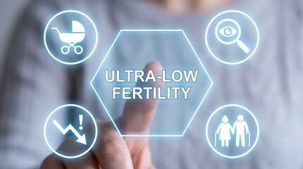 Person using virtual touch screen presses the inscription ULTRA-LOW FERTILITY. Ultra low fertility demographic crisis concept. Aging society, low birth rate in developed countries system, human