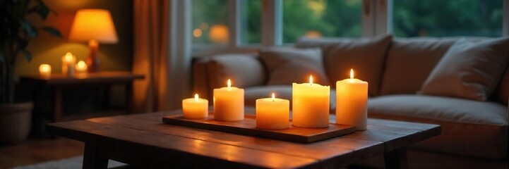 Warm Candlelight Illuminates Cozy Living Room, Creating a Relaxing Winter Ambiance Perfect for Home Decor and Relaxation Themes