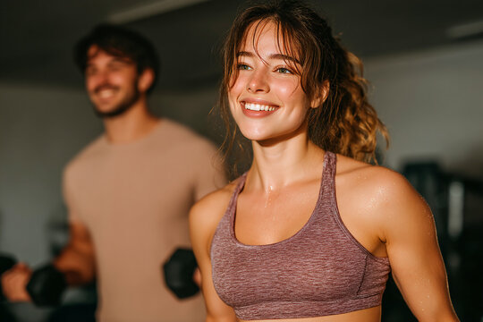Couple exercises together in garage while lifting weights and enjoying fitness Generative AI