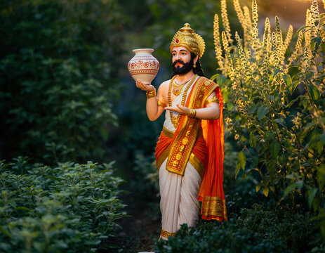 Royal Indian King Holding an Ornate Pot Amidst Lush Greenery Cultural Iconography, Historical Imagery, Traditional Attire, and Nature's Embrace. - Powered by Adobe
