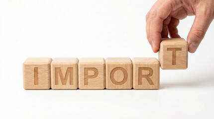 Hand adding final cube to complete the word import wooden blocks aligned on pure white background
