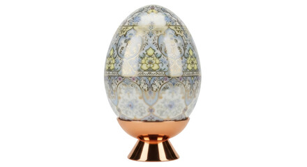 Decorative Easter egg with floral pattern isolated PNG, ornate egg on stand for holiday decoration and gift giving