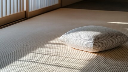 tatami. A meditation cushion on a tatami mat in a serene zen setting with natural lighting. wellbeing guides, coaching materials, designed for coaching and self-improvement content.