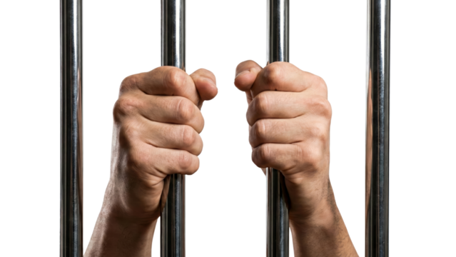 Imprisoned hands gripping silver bars against transparency conveying despair, confinement, and